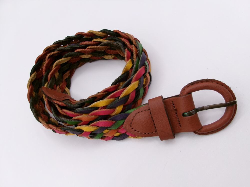 Vintage Multicolor Braided Leather Belt Boho Round Buckle M-L